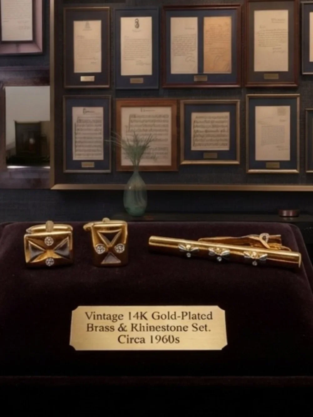 Vintage 14K Gold-Plated Brass & Rhinestone Tie Clip & Cufflinks 3-Piece Set